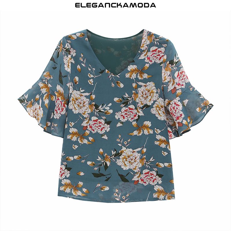 bluzka szyfonowa summer floral sweet top trend blue