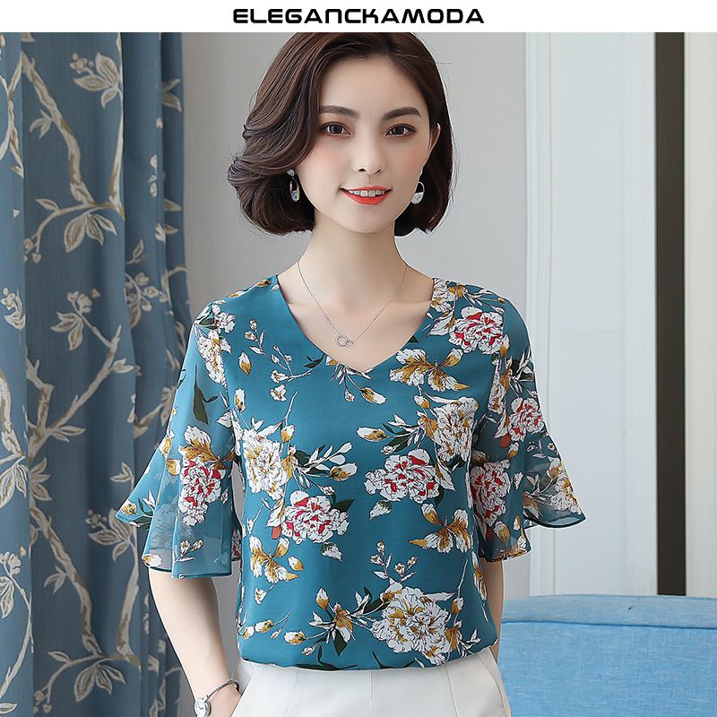 bluzka szyfonowa summer floral sweet top trend blue