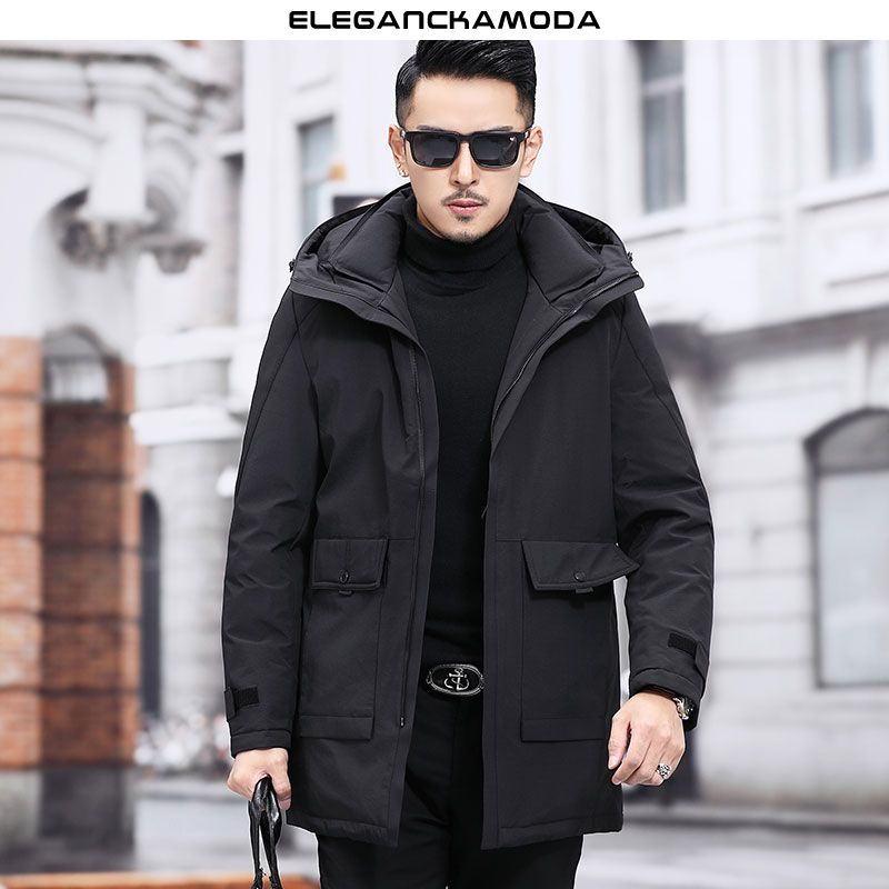 business casual hooded long down jacket duża kieszeń czarna