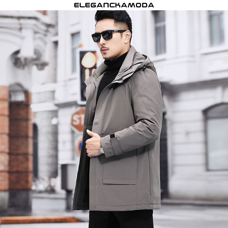 business casual hooded long down jacket duża kieszeń czarna