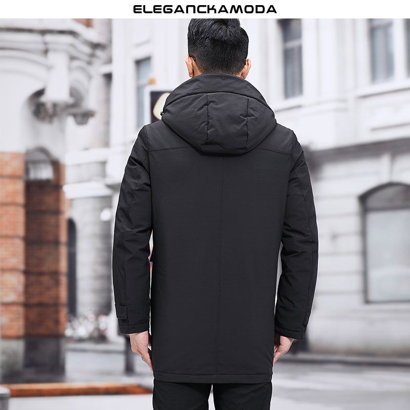 business casual hooded long down jacket duża kieszeń czarna