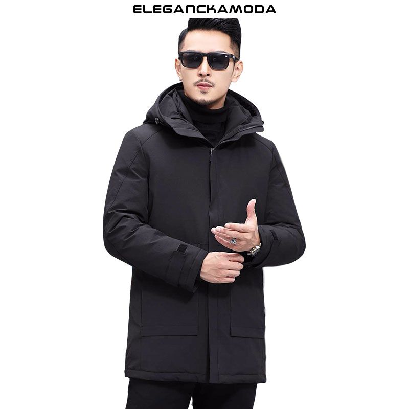 business casual hooded long down jacket duża kieszeń czarna