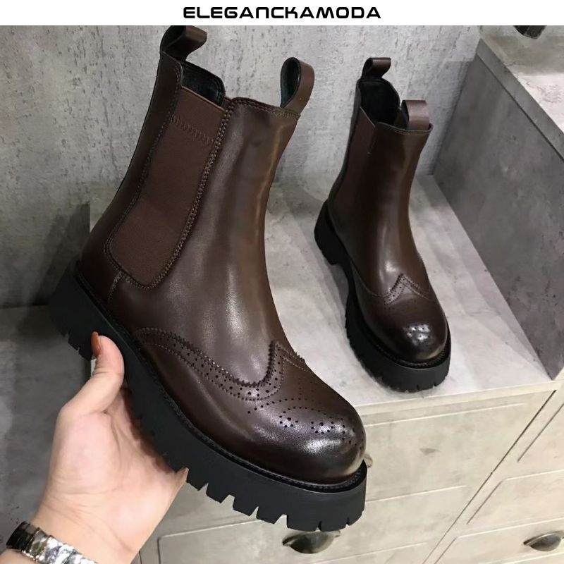 buty damskie brock chelsea skórzane buty zimowe platformy rzeźbione brązowe