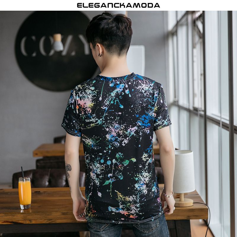 czarny t-shirt męski summer fashion splashing ink