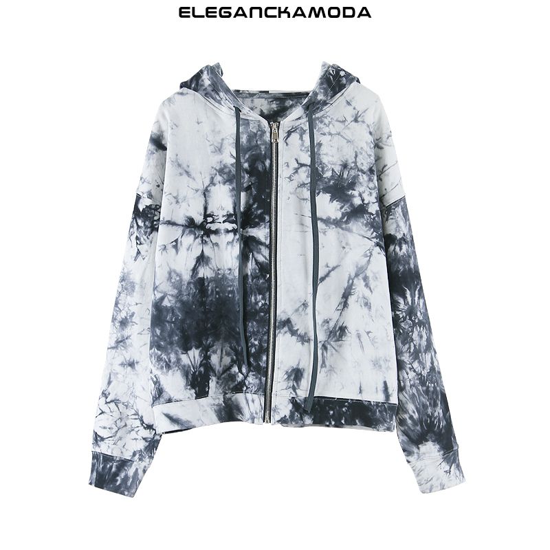 damska bluza z kapturem tie-dye w nowym stylu wiosennym wąska czarna