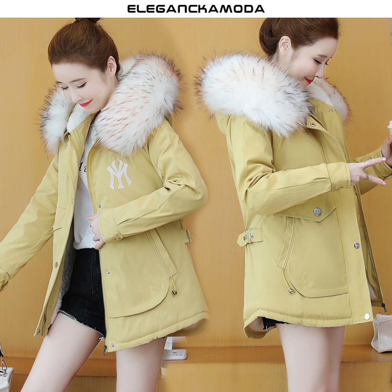 damska kurtka polarowa parker z futrzanym kołnierzem slim coat winter yellow