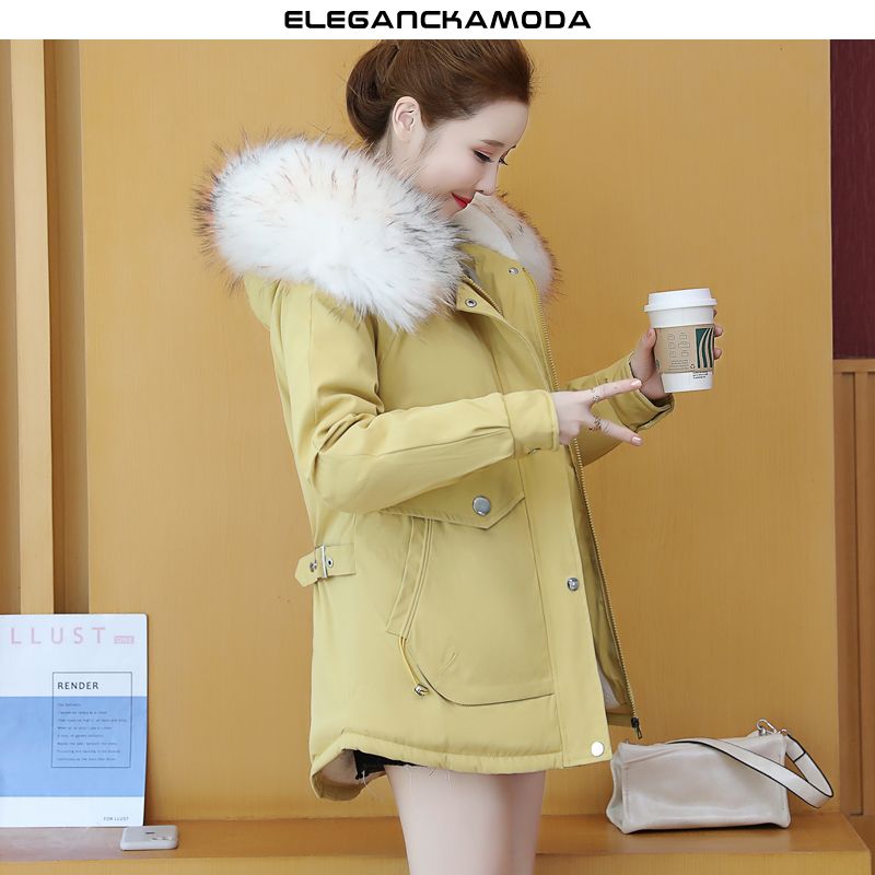 damska kurtka polarowa parker z futrzanym kołnierzem slim coat winter yellow