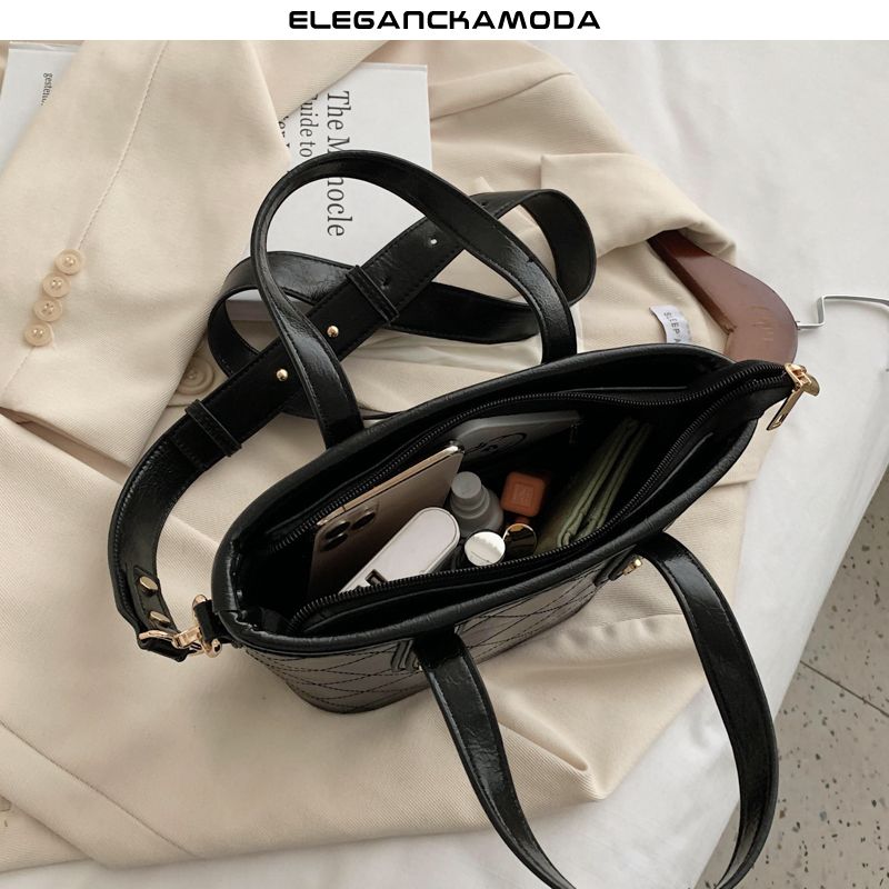 damska torba typu bucket bag o dużej pojemności modna torebka diamentowa torba na ramię w kratę czarna