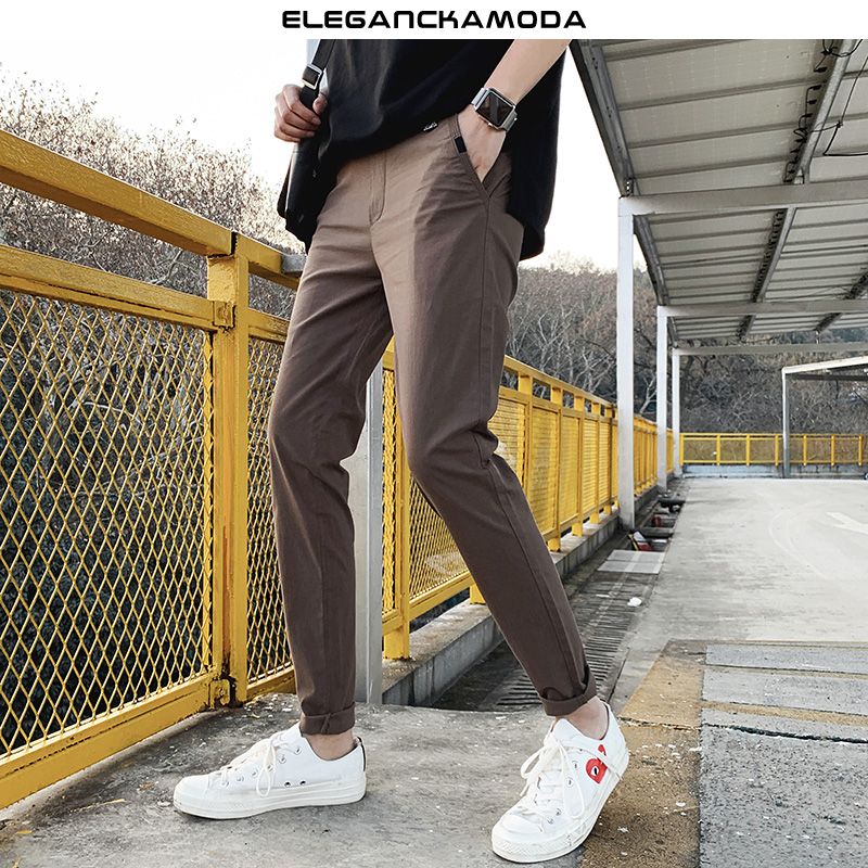 elastyczne męskie spodnie na wiosnę i jesień skinny sports trend brown