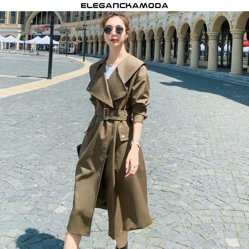 elegancki długi modny damski cienki płaszcz wiatrówka slim khaki