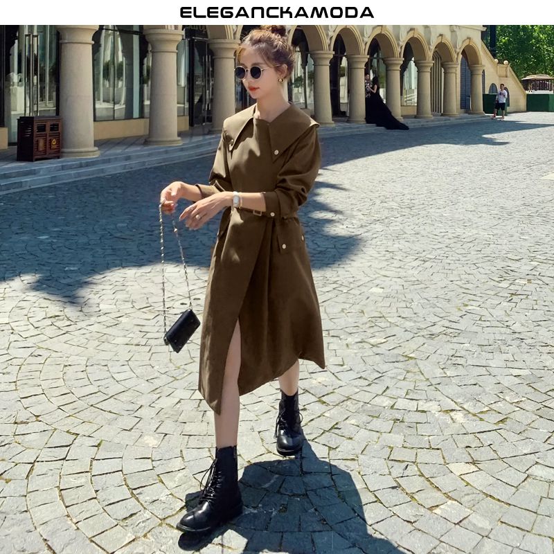 elegancki długi modny damski cienki płaszcz wiatrówka slim khaki