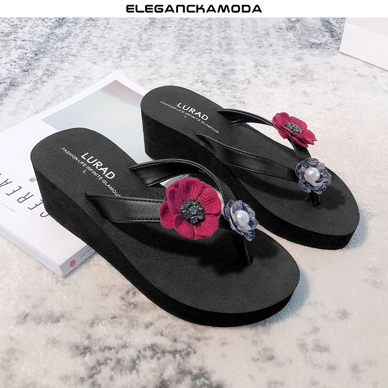 flower pearl flip-flop kobiety letnia platforma antypoślizgowy wysoki obcas czarny