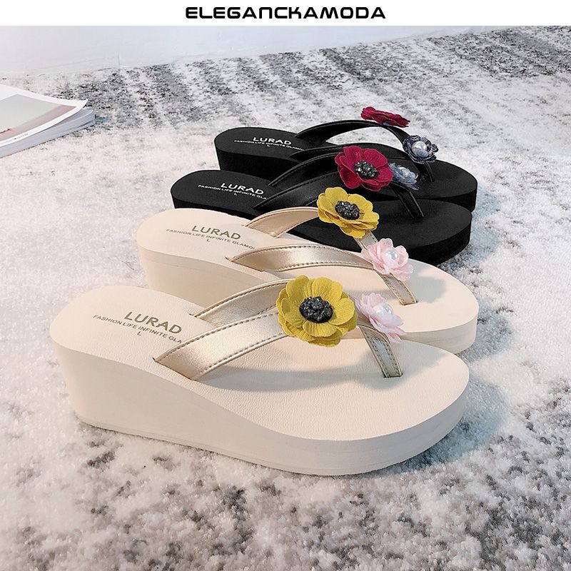 flower pearl flip-flop kobiety letnia platforma antypoślizgowy wysoki obcas czarny