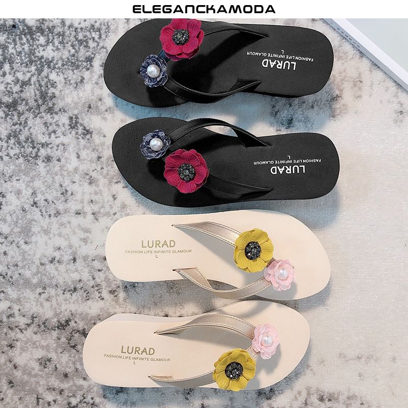 flower pearl flip-flop kobiety letnia platforma antypoślizgowy wysoki obcas czarny