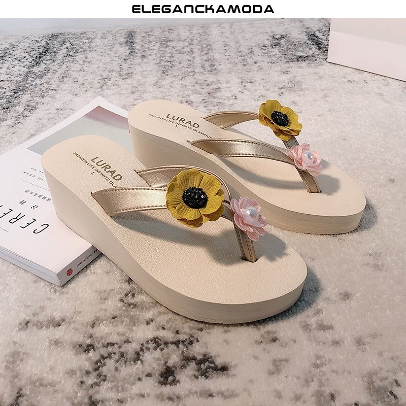 flower pearl flip-flop kobiety letnia platforma antypoślizgowy wysoki obcas czarny