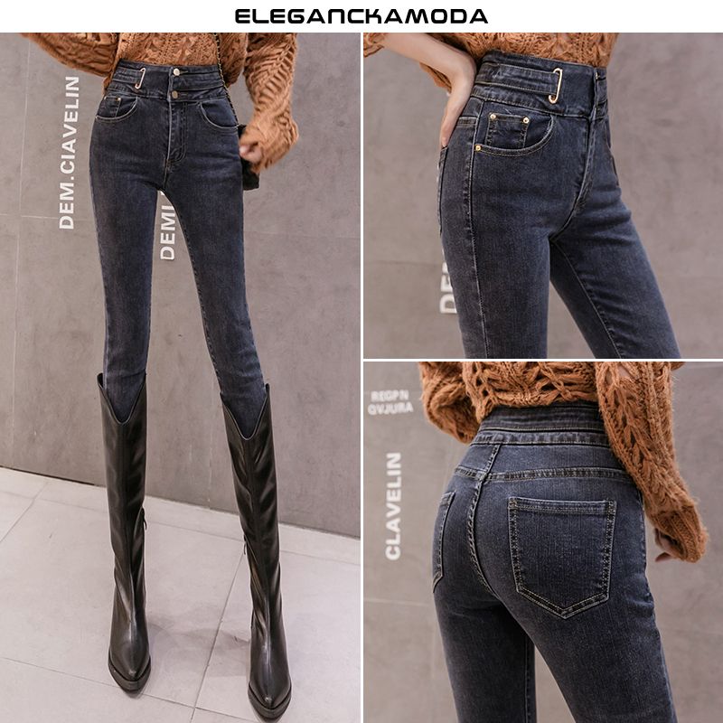 jeansy z wysokim stanem damskie jesień / zima wąskie spodnie skinny stretch szare