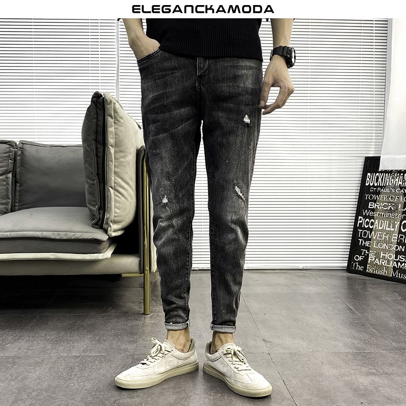 jesienne i zimowe jeansy męskie skinny black