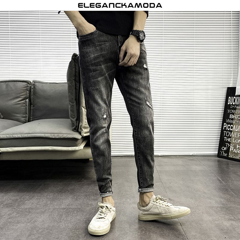 jesienne i zimowe jeansy męskie skinny black