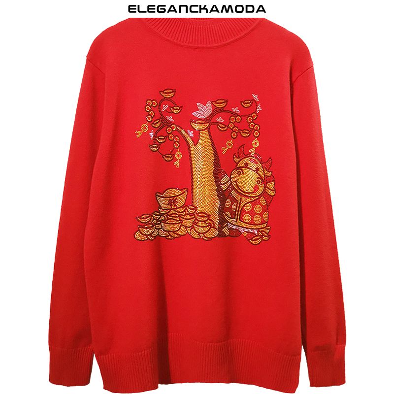 jesienno-zimowy gorący rhinestone damski sweter moda dzianinowa podstawowa koszula czerwona