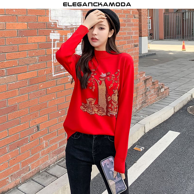 jesienno-zimowy gorący rhinestone damski sweter moda dzianinowa podstawowa koszula czerwona