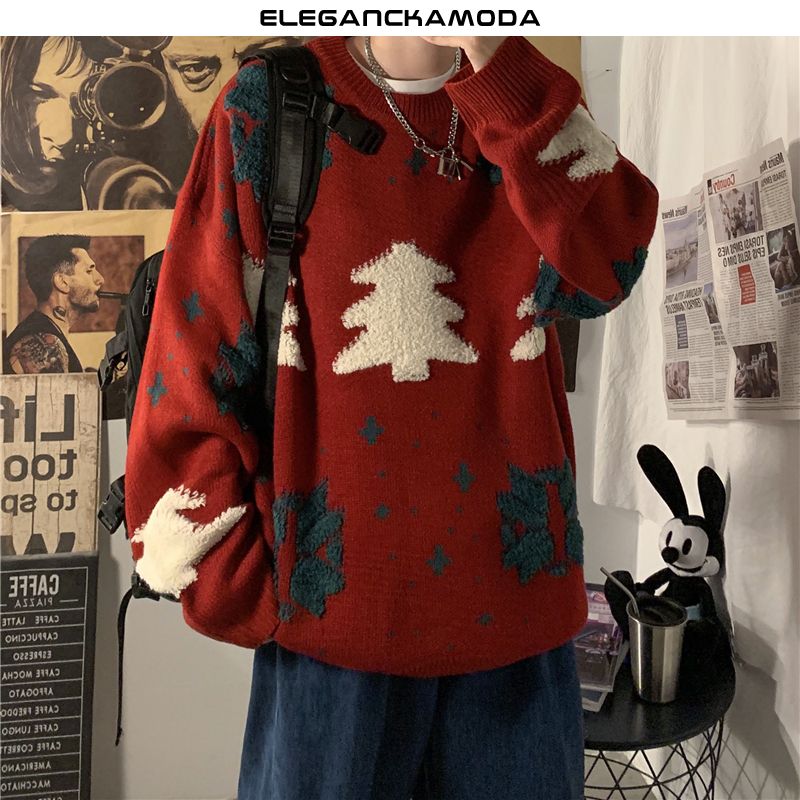 jesienno-zimowy męski trend dzianinowy sweter christmas tree love red