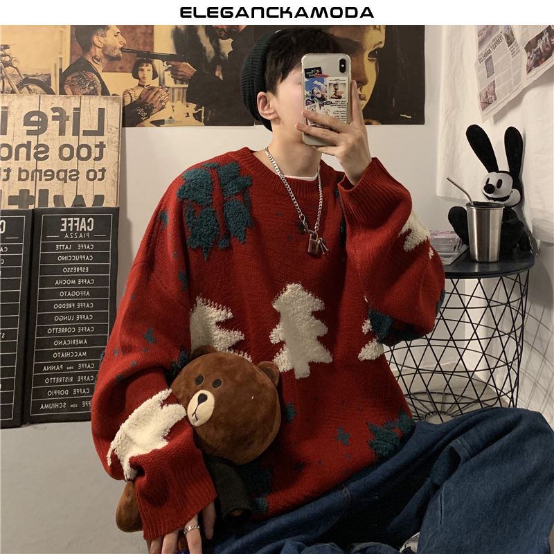 jesienno-zimowy męski trend dzianinowy sweter christmas tree love red