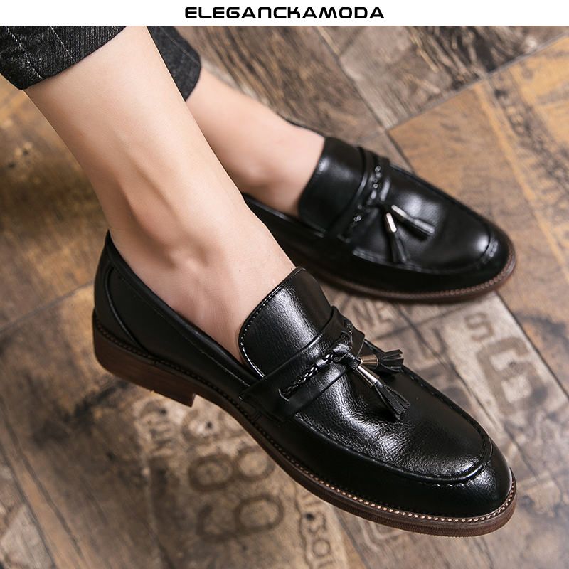 klasyczne męskie mokasyny tassel trend casual dress shoes wedding black