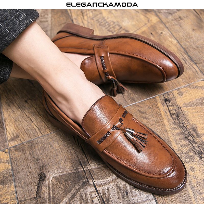 klasyczne męskie mokasyny tassel trend casual dress shoes wedding black