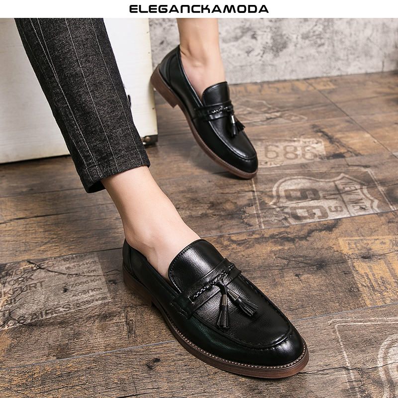 klasyczne męskie mokasyny tassel trend casual dress shoes wedding black