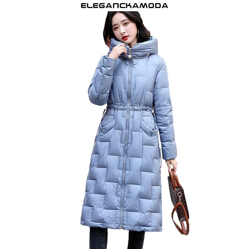 kurtka puchowa damska ze sznurkiem slim hooded long blue