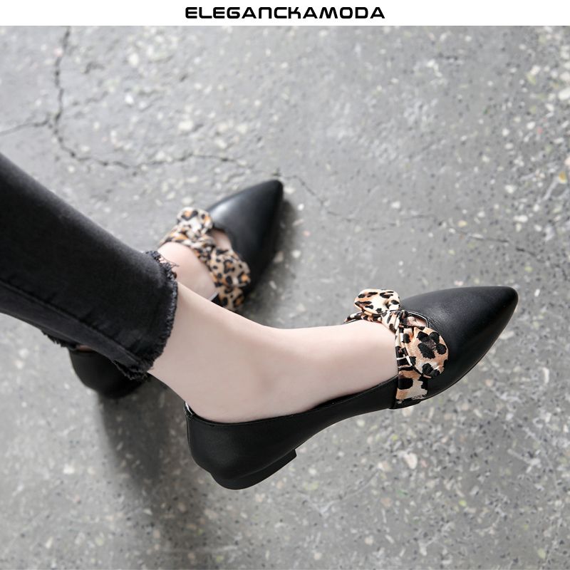 leopard print bowknot peas shoes miękka podeszwa wiosna i lato płaskie usta damskie płaskie buty czarne