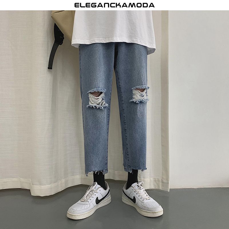 letnie ripped jeans męskie straight raw edge blue