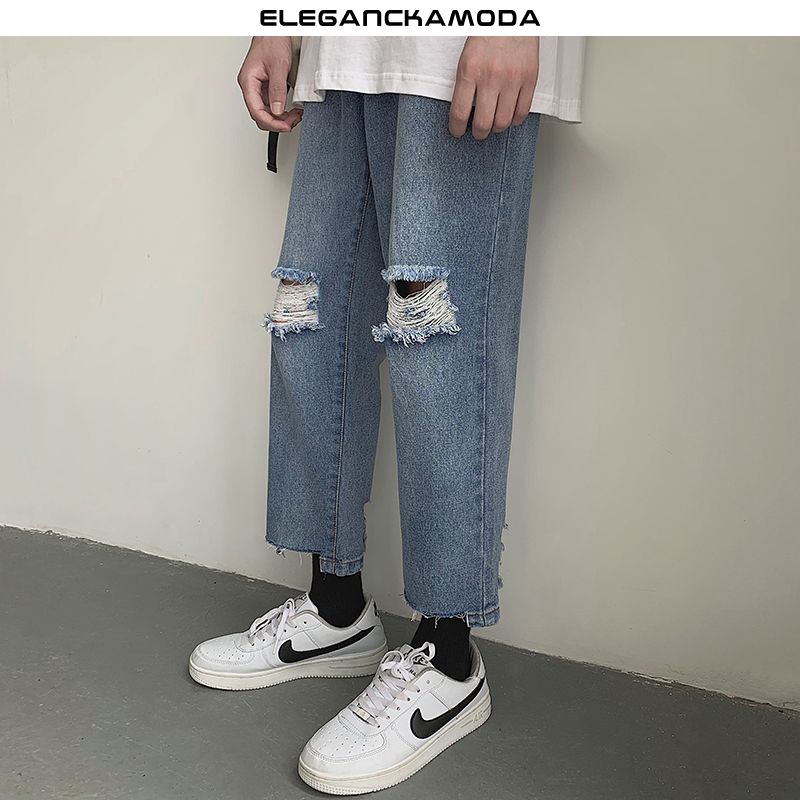 letnie ripped jeans męskie straight raw edge blue