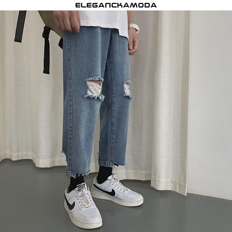 letnie ripped jeans męskie straight raw edge blue