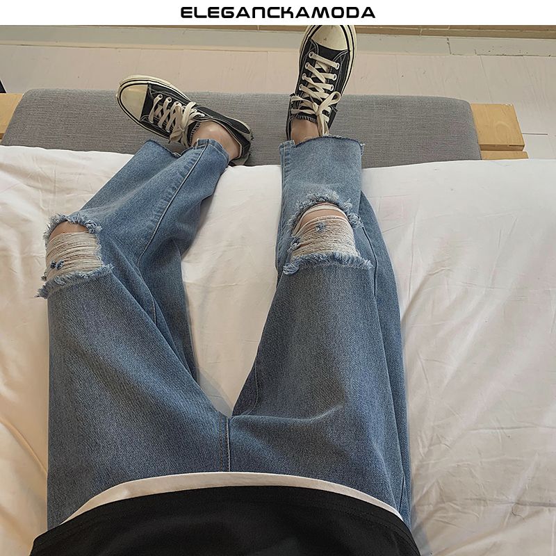 letnie ripped jeans męskie straight raw edge blue