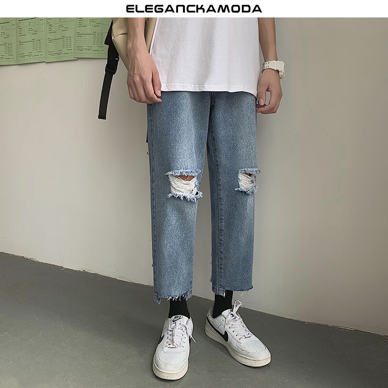 letnie ripped jeans męskie straight raw edge blue