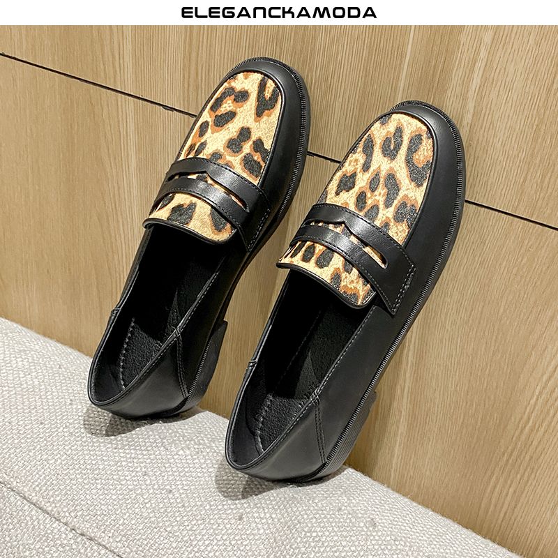 małe buty wizytowe damskie wiosenne płaskie buty leopard czarne