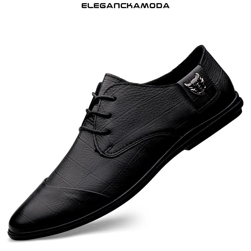 męskie buty derby pointed toe business dress shoes casual driving soft leather czarny