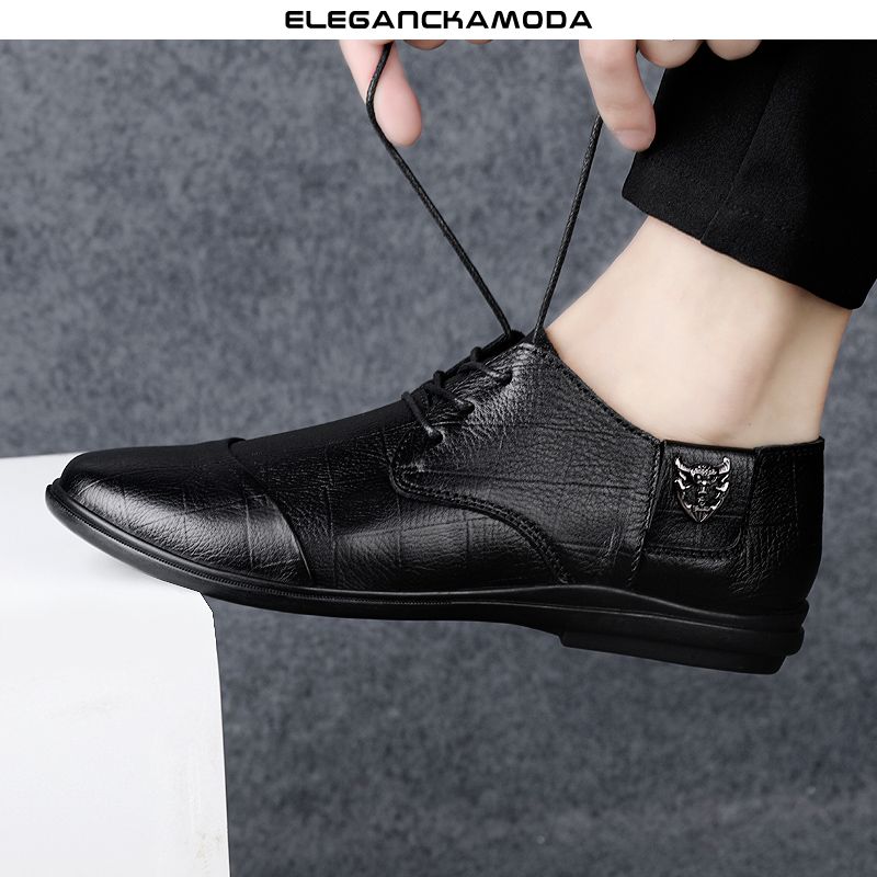 męskie buty derby pointed toe business dress shoes casual driving soft leather czarny