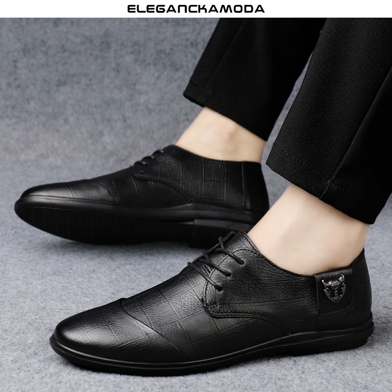 męskie buty derby pointed toe business dress shoes casual driving soft leather czarny