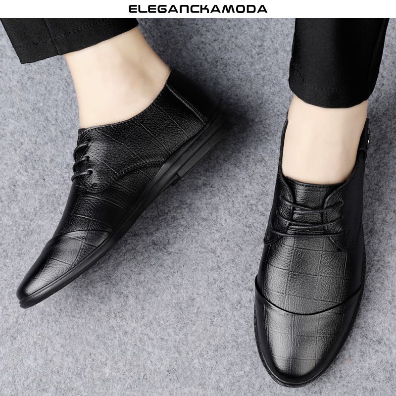 męskie buty derby pointed toe business dress shoes casual driving soft leather czarny