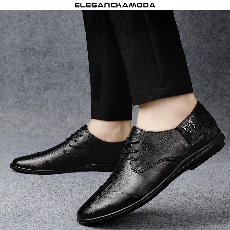 męskie buty derby pointed toe business dress shoes casual driving soft leather czarny