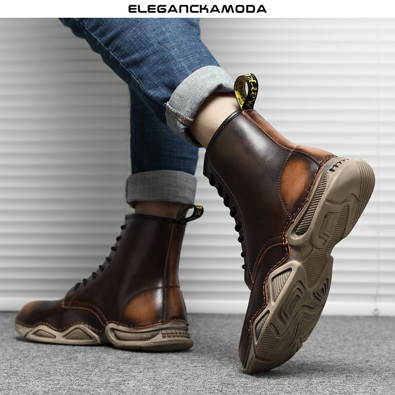 męskie buty martin moda skóra bydlęca retro casual brązowe