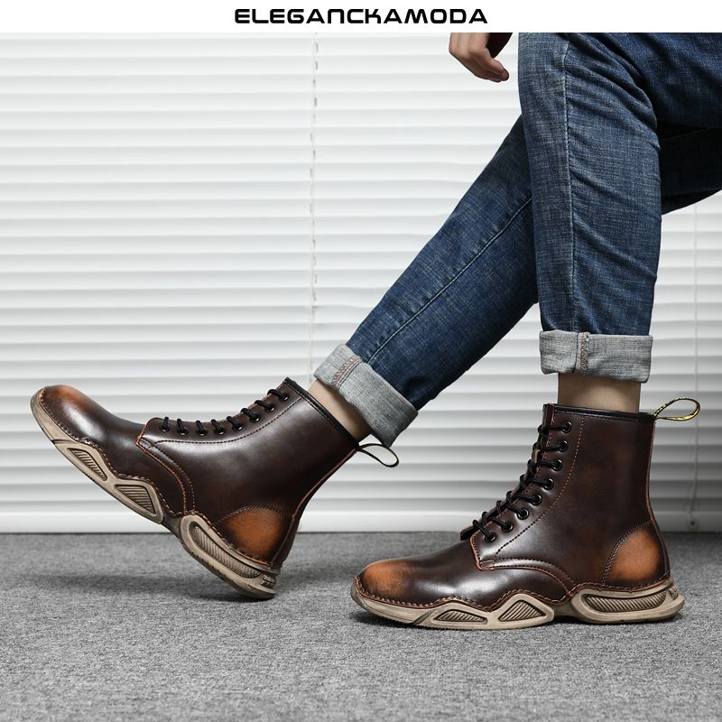 męskie buty martin moda skóra bydlęca retro casual brązowe