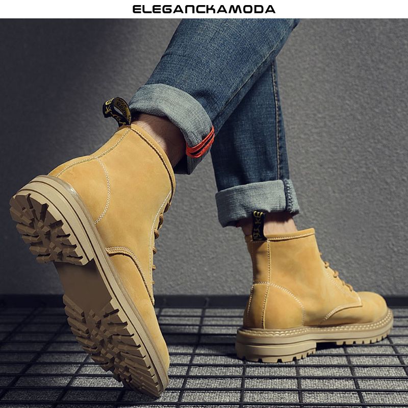 męskie buty robocze zimowe casual retro martin buty skórzane motocyklowe żółte