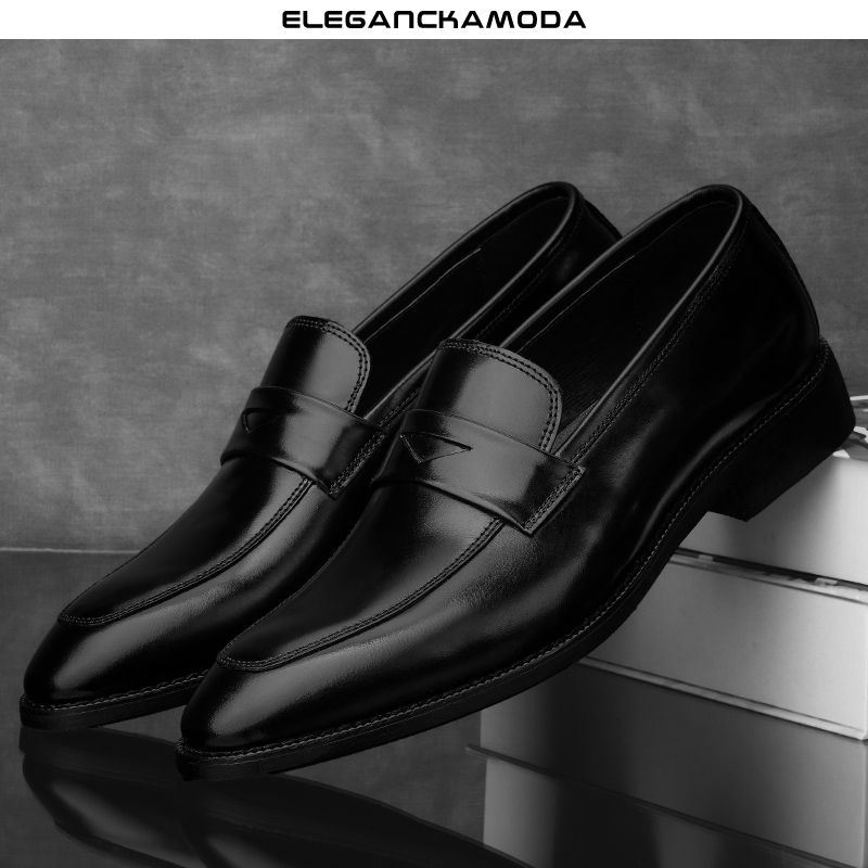 męskie mokasyny skórzane casual business pointed toe dress shoes czarne