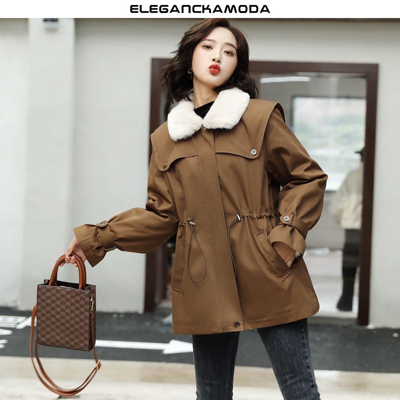 moda damska parker slim fur collar rękawy zamknięcia kurtki khaki