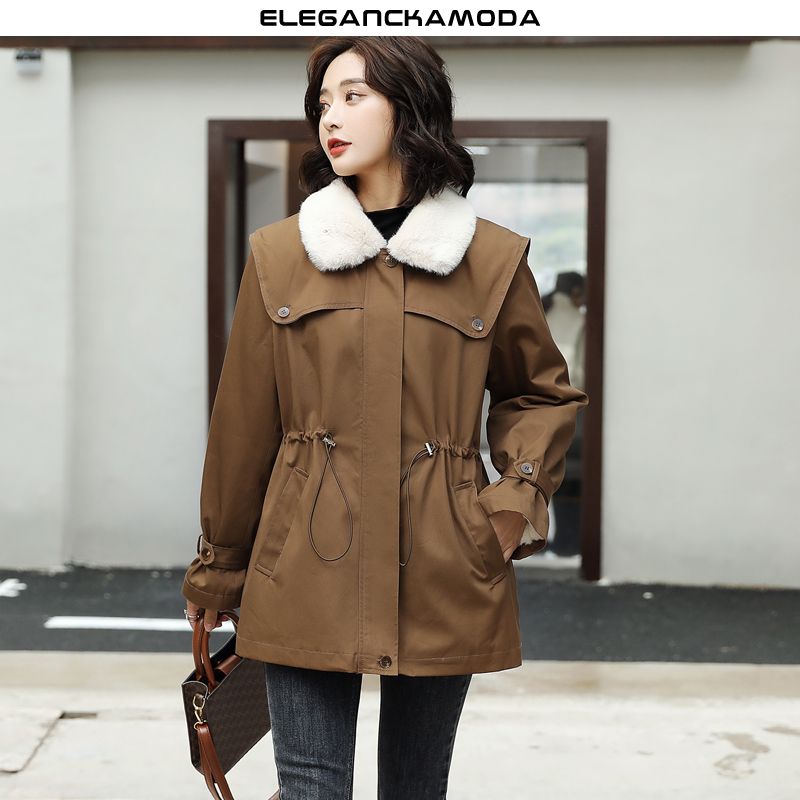 moda damska parker slim fur collar rękawy zamknięcia kurtki khaki