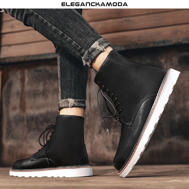 moda męska martin buty retro buty narzędziowe skórzane koronkowe czarne