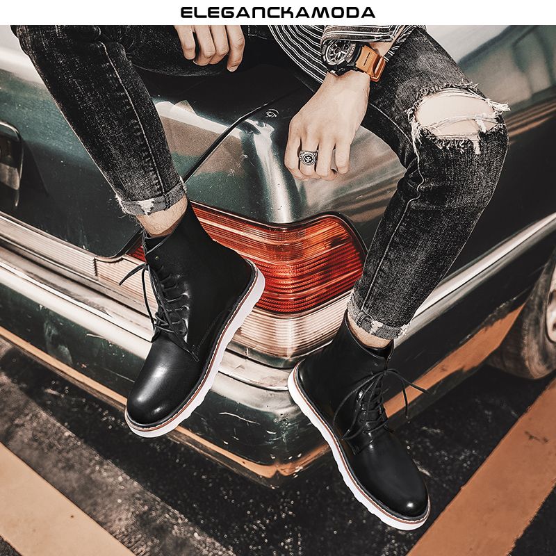 moda męska martin buty retro buty narzędziowe skórzane koronkowe czarne